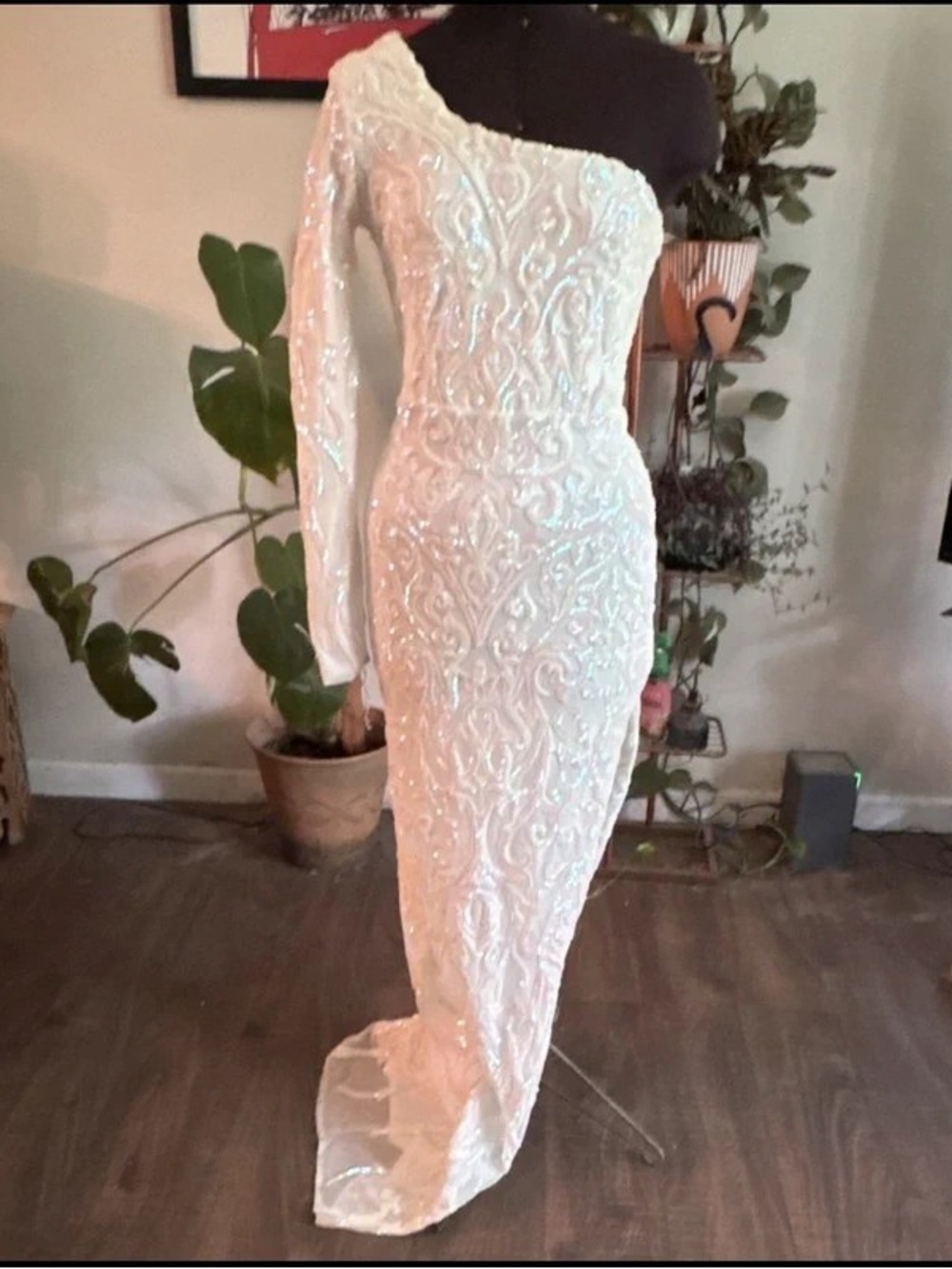 White One-Shoulder Sequin Maxi Dress